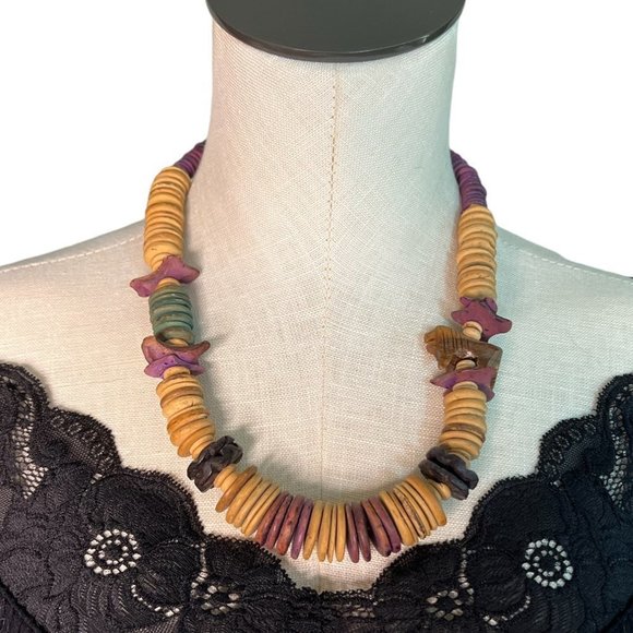 Stacked Flat Beads Lion Discs Multicolor Wood? Necklace - Picture 1 of 5